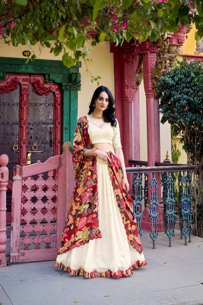 Exclusive Off White Color Vichitra Silk Sequins And Thread Embroidery Work Lehenga Choli