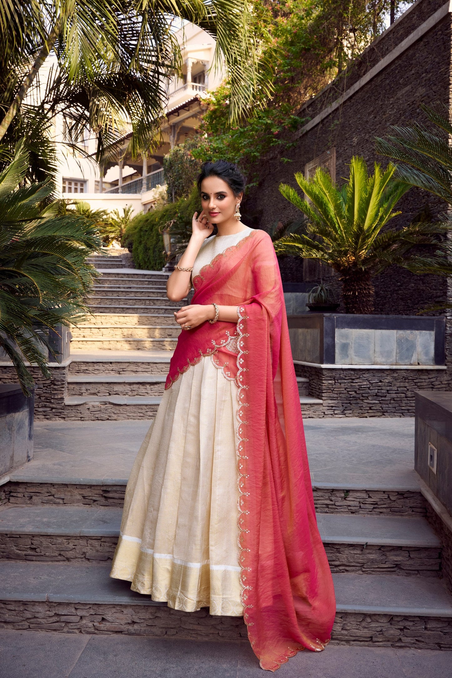 Ceremony Wear Off White Color Jacquard Chex With Zari Weaving Work Lehenga Choli
