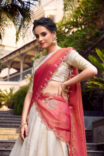 Ceremony Wear Off White Color Jacquard Chex With Zari Weaving Work Lehenga Choli