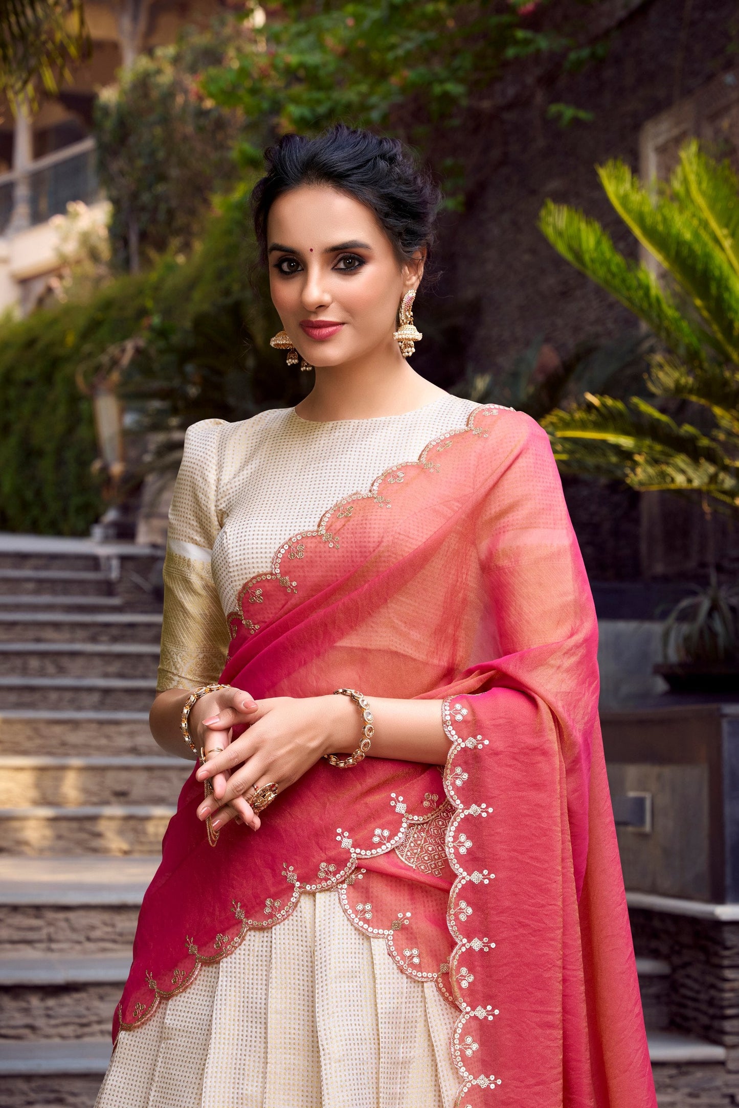 Ceremony Wear Off White Color Jacquard Chex With Zari Weaving Work Lehenga Choli