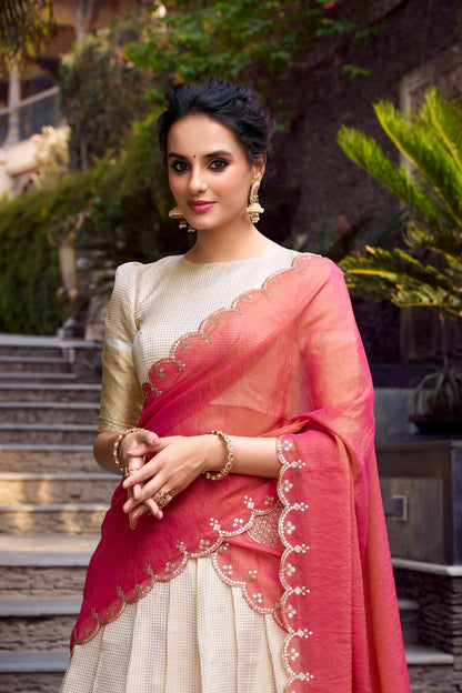 Ceremony Wear Off White Color Jacquard Chex With Zari Weaving Work Lehenga Choli