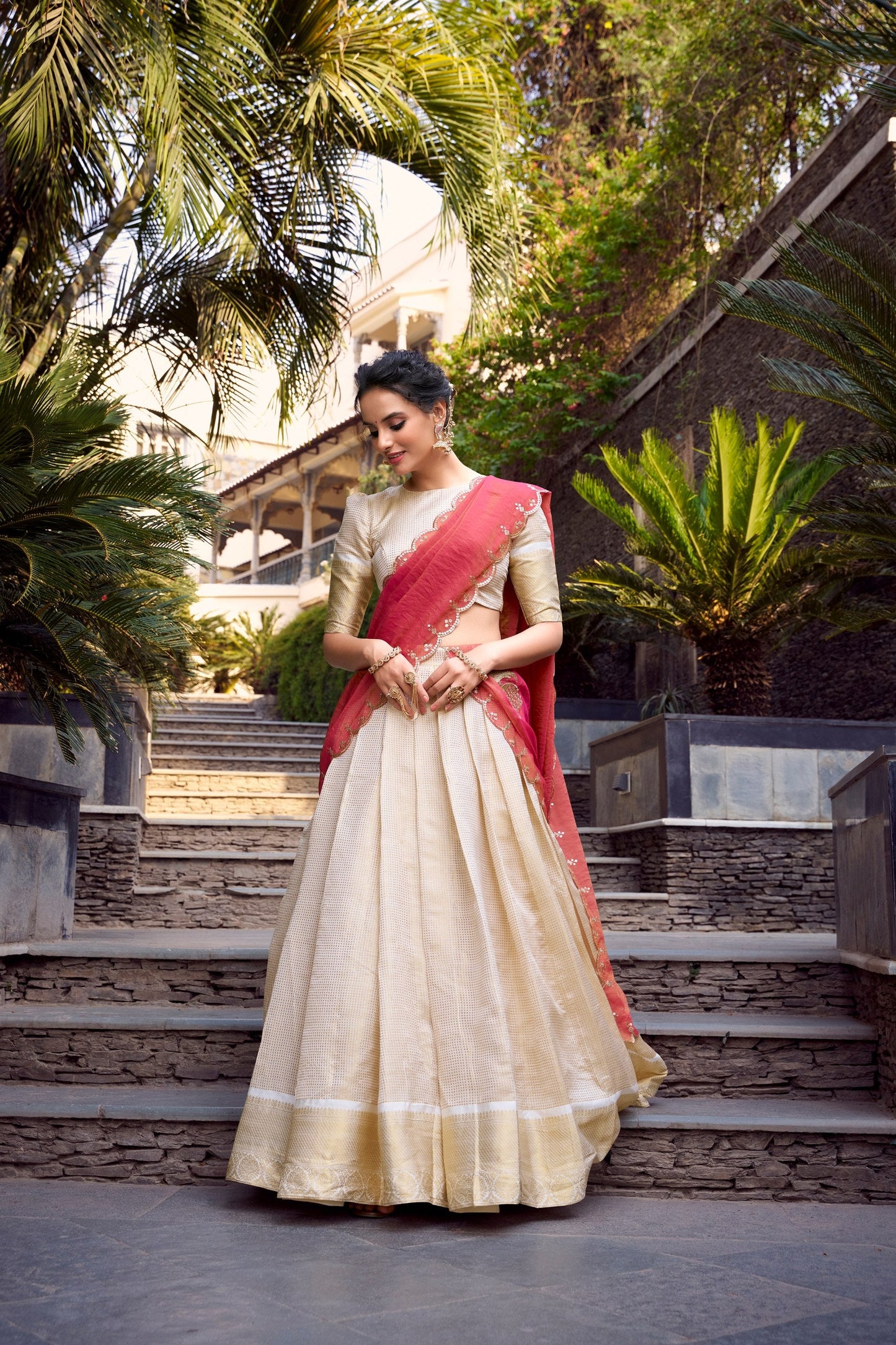 Ceremony Wear Off White Color Jacquard Chex With Zari Weaving Work Lehenga Choli