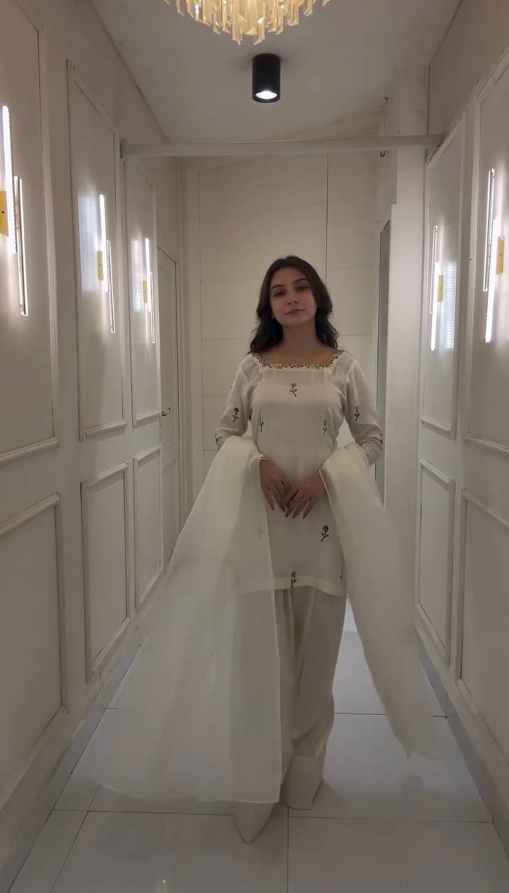 Innovative White Color Chinnon Silk With Embroidery Work Palazzo Suit