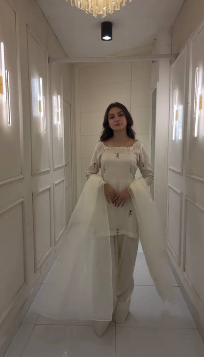 Innovative White Color Chinnon Silk With Embroidery Work Palazzo Suit