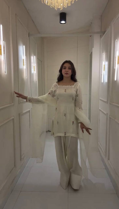 Innovative White Color Chinnon Silk With Embroidery Work Palazzo Suit