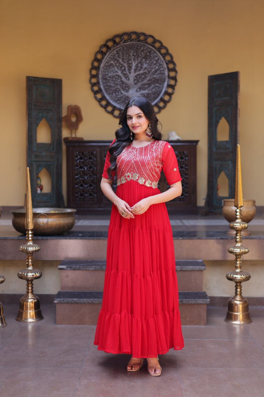 Designer Red Faux Blooming 12 Meter Flair Function Wear Gown