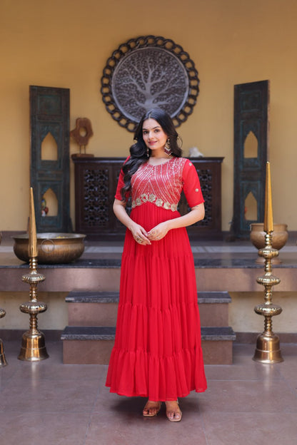 Designer Red Faux Blooming 12 Meter Flair Function Wear Gown