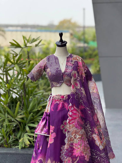 Designer Pruple Color Organza Digital Print Lehenga Set With Batwa Bag