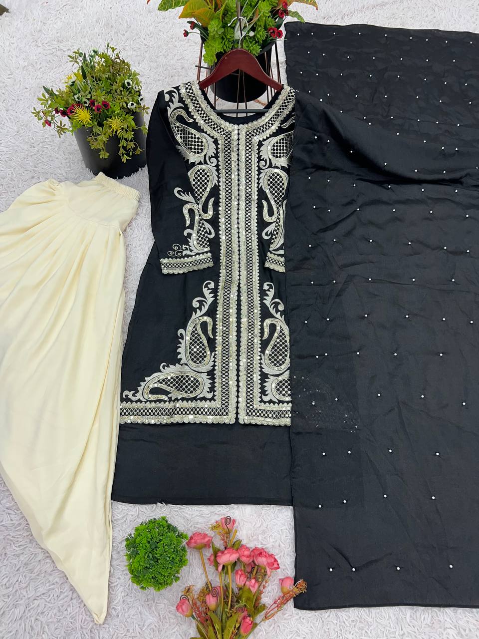 Function Wear Black Color Pure Chinon Silk With Embroidery Sequence Work Dhoti Suit