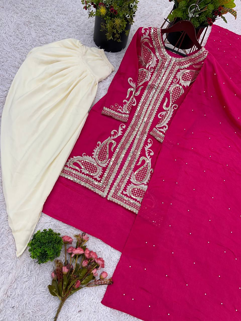 Function Wear Pink Color Pure Chinon Silk With Embroidery Sequence Work Dhoti Suit
