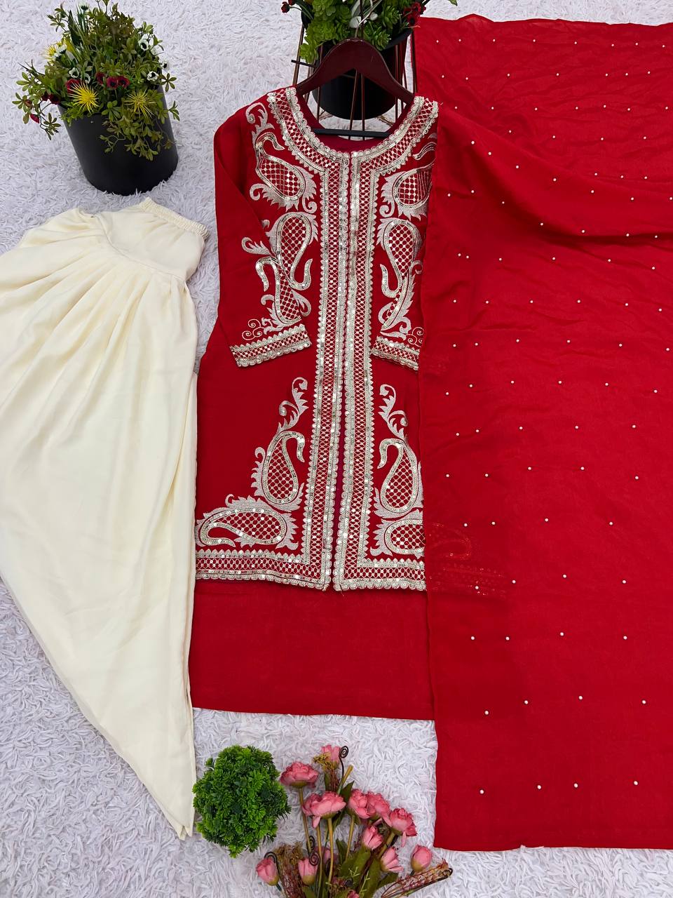 Function Wear Red Color Pure Chinon Silk With Embroidery Sequence Work Dhoti Suit