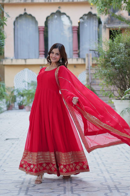 Ceremony Wear Red Color Faux Blooming With Multi Sequins Embroidered Work Designer Gown