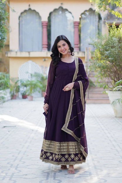 Ceremony Wear Purple Color Faux Blooming With Multi Sequins Embroidered Work Designer Gown