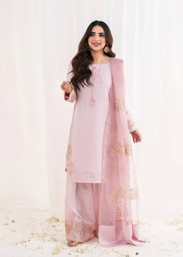 Celebrity Wear Pink Color Embroidery Sequence Work Palazzo Suit