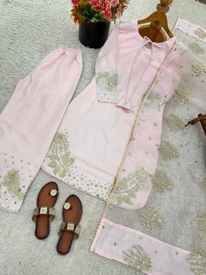 Celebrity Wear Pink Color Embroidery Sequence Work Palazzo Suit