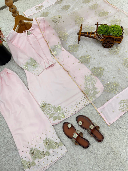 Celebrity Wear Pink Color Embroidery Sequence Work Palazzo Suit