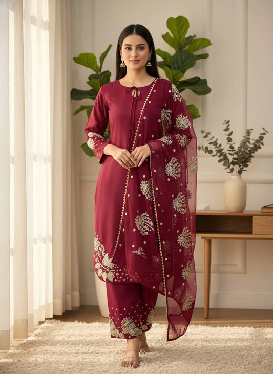 Celebrity Wear Maroon Color Embroidery Sequence Work Palazzo Suit