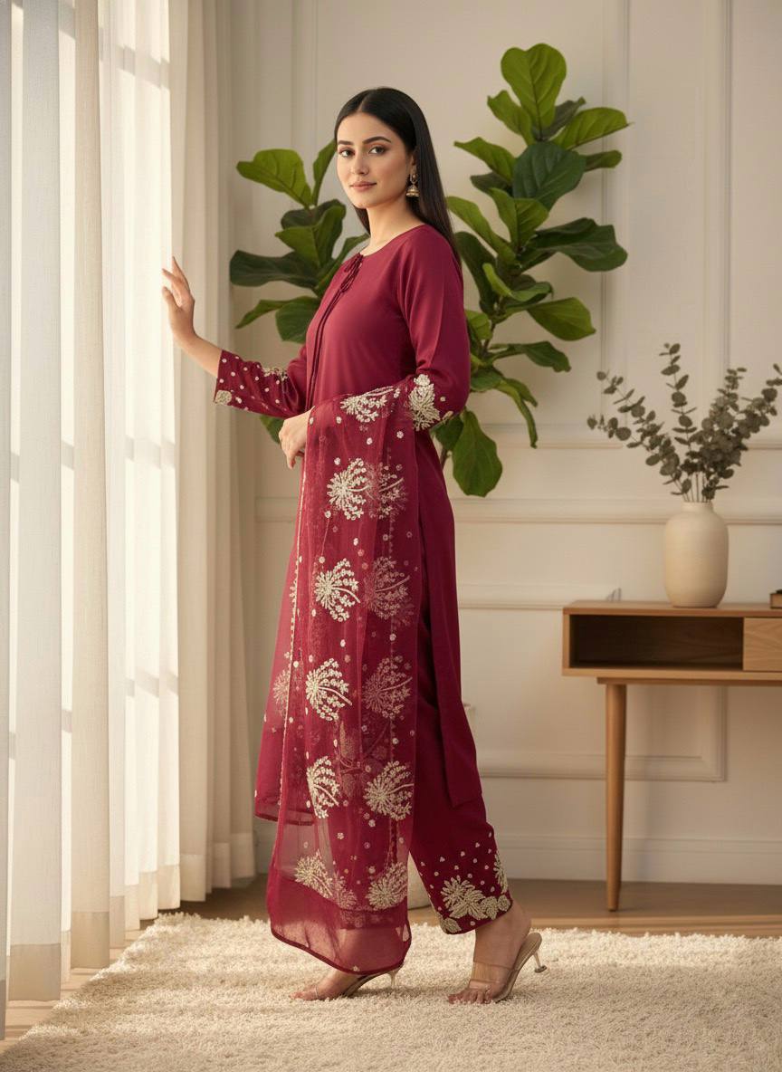 Celebrity Wear Maroon Color Embroidery Sequence Work Palazzo Suit
