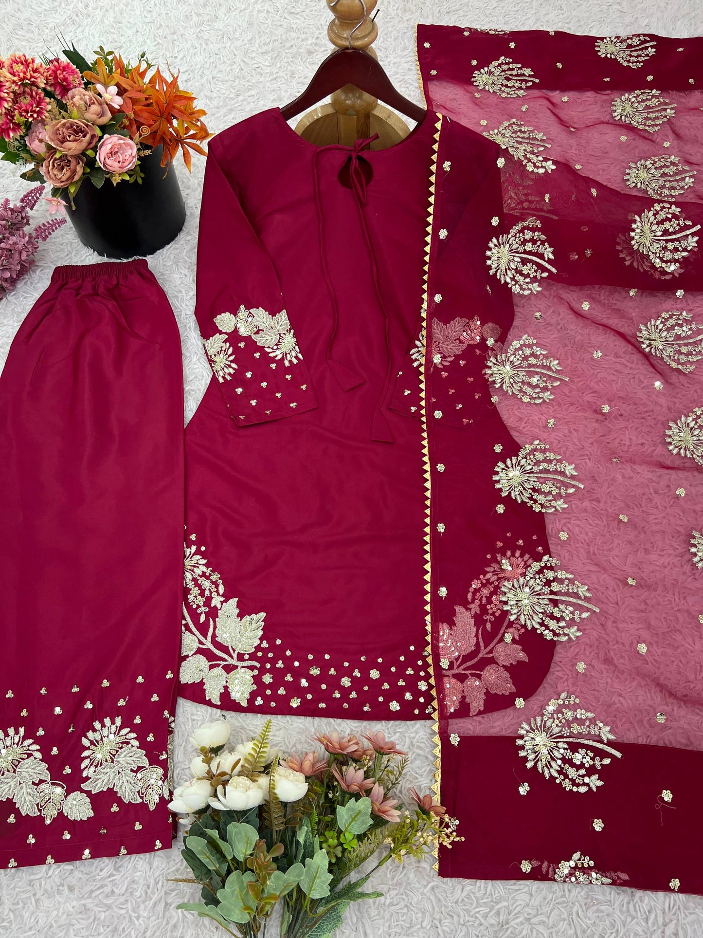 Celebrity Wear Maroon Color Embroidery Sequence Work Palazzo Suit
