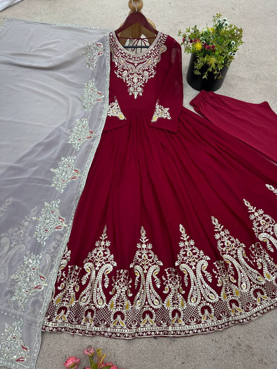 Reception Wear Marron Color Georgette With Multi Thread Embroidery Sequence Work Designer Gown