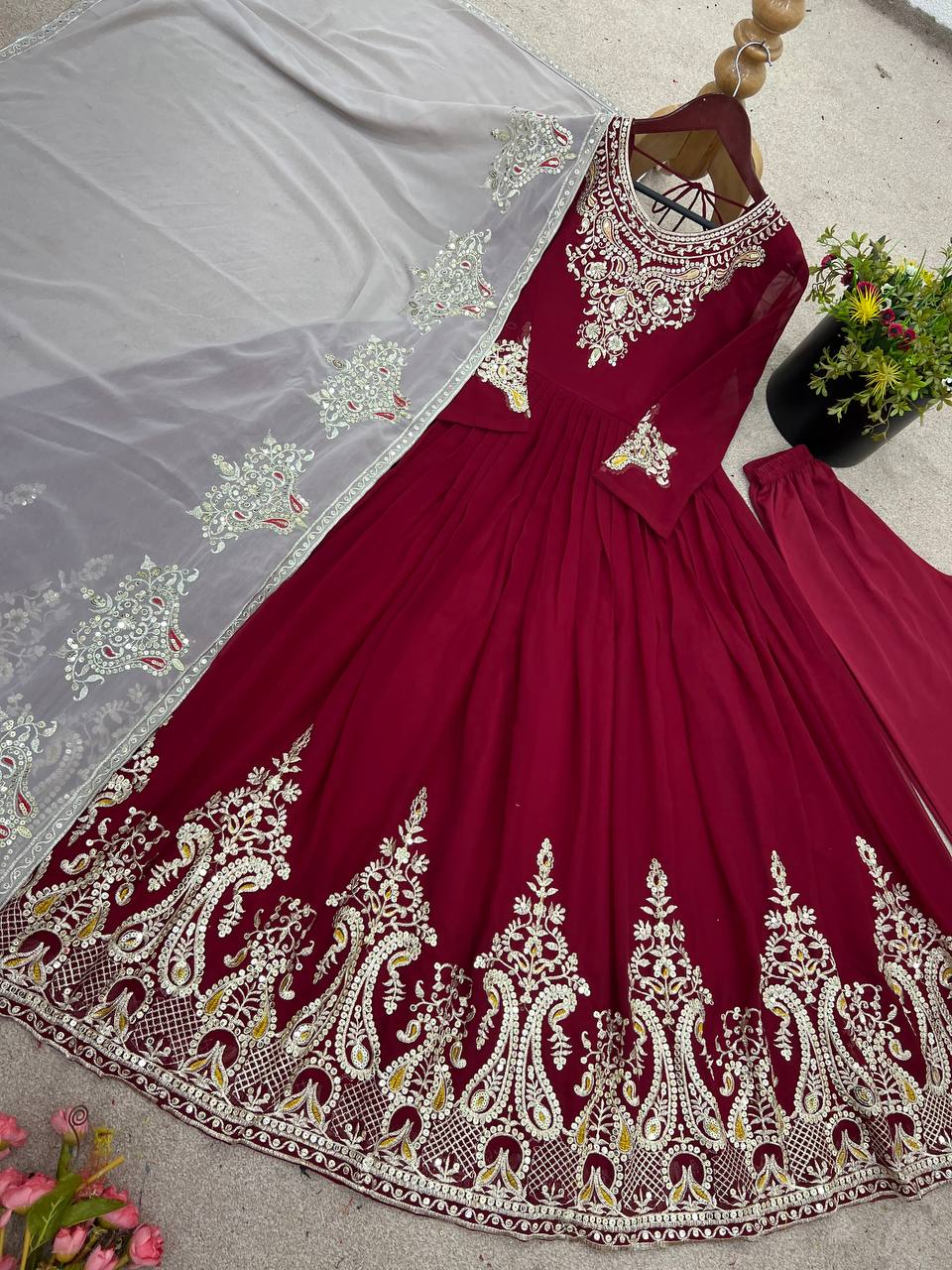 Reception Wear Marron Color Georgette With Multi Thread Embroidery Sequence Work Designer Gown