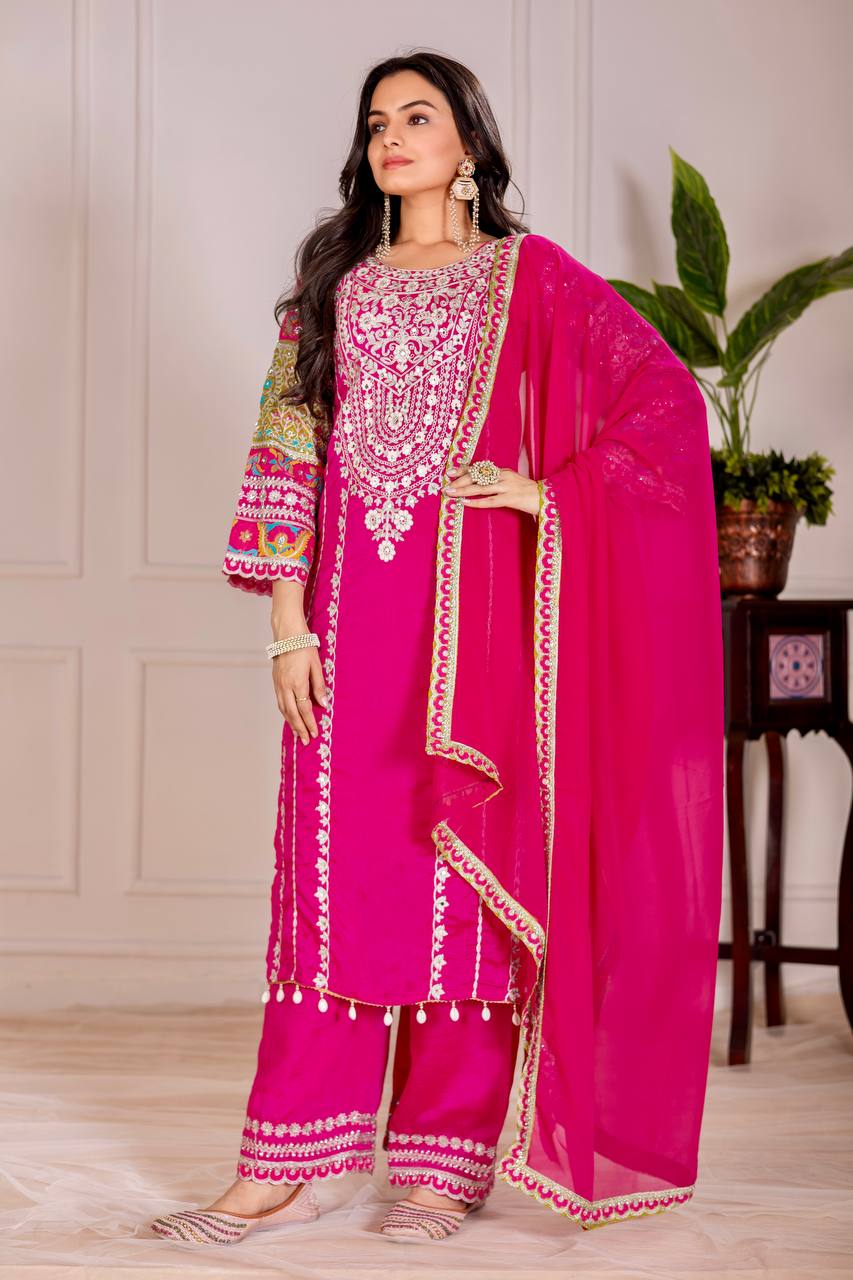 Embellished Pink Color Heavy Vichitra Silk Embroidery Sequences With Real Mirror Work Palazzo Suit
