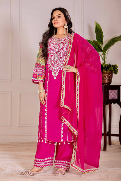 Embellished Pink Color Heavy Vichitra Silk Embroidery Sequences With Real Mirror Work Palazzo Suit