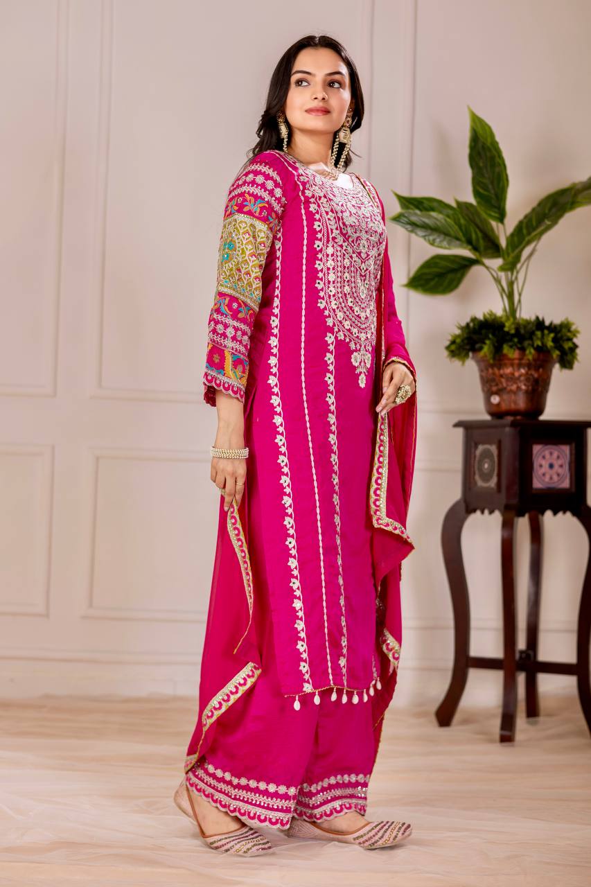 Embellished Pink Color Heavy Vichitra Silk Embroidery Sequences With Real Mirror Work Palazzo Suit
