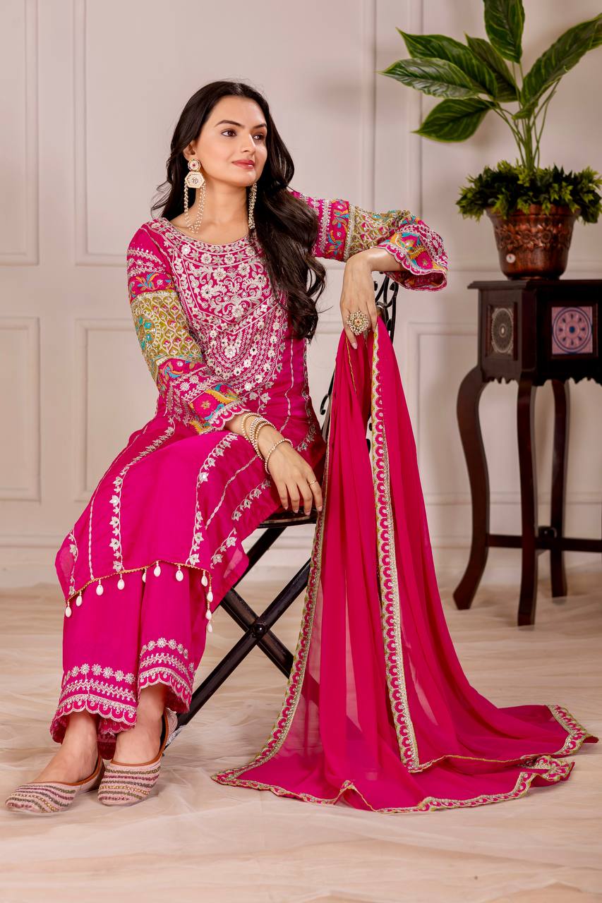 Embellished Pink Color Heavy Vichitra Silk Embroidery Sequences With Real Mirror Work Palazzo Suit