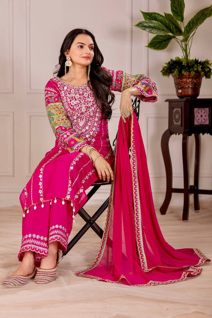 Embellished Pink Color Heavy Vichitra Silk Embroidery Sequences With Real Mirror Work Palazzo Suit