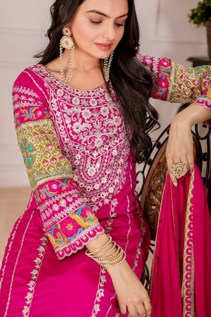 Embellished Pink Color Heavy Vichitra Silk Embroidery Sequences With Real Mirror Work Palazzo Suit