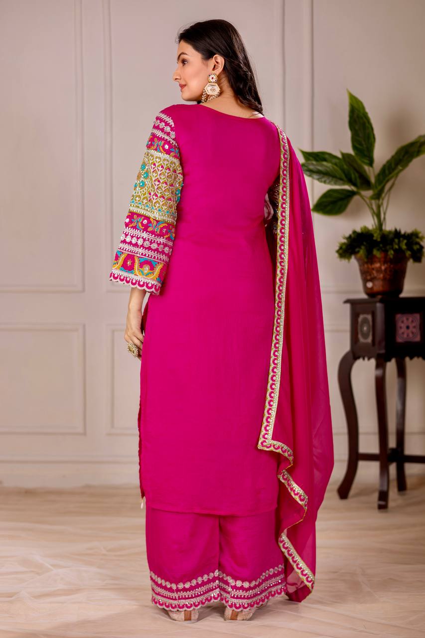 Embellished Pink Color Heavy Vichitra Silk Embroidery Sequences With Real Mirror Work Palazzo Suit