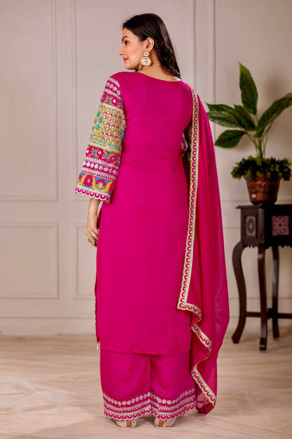 Embellished Pink Color Heavy Vichitra Silk Embroidery Sequences With Real Mirror Work Palazzo Suit