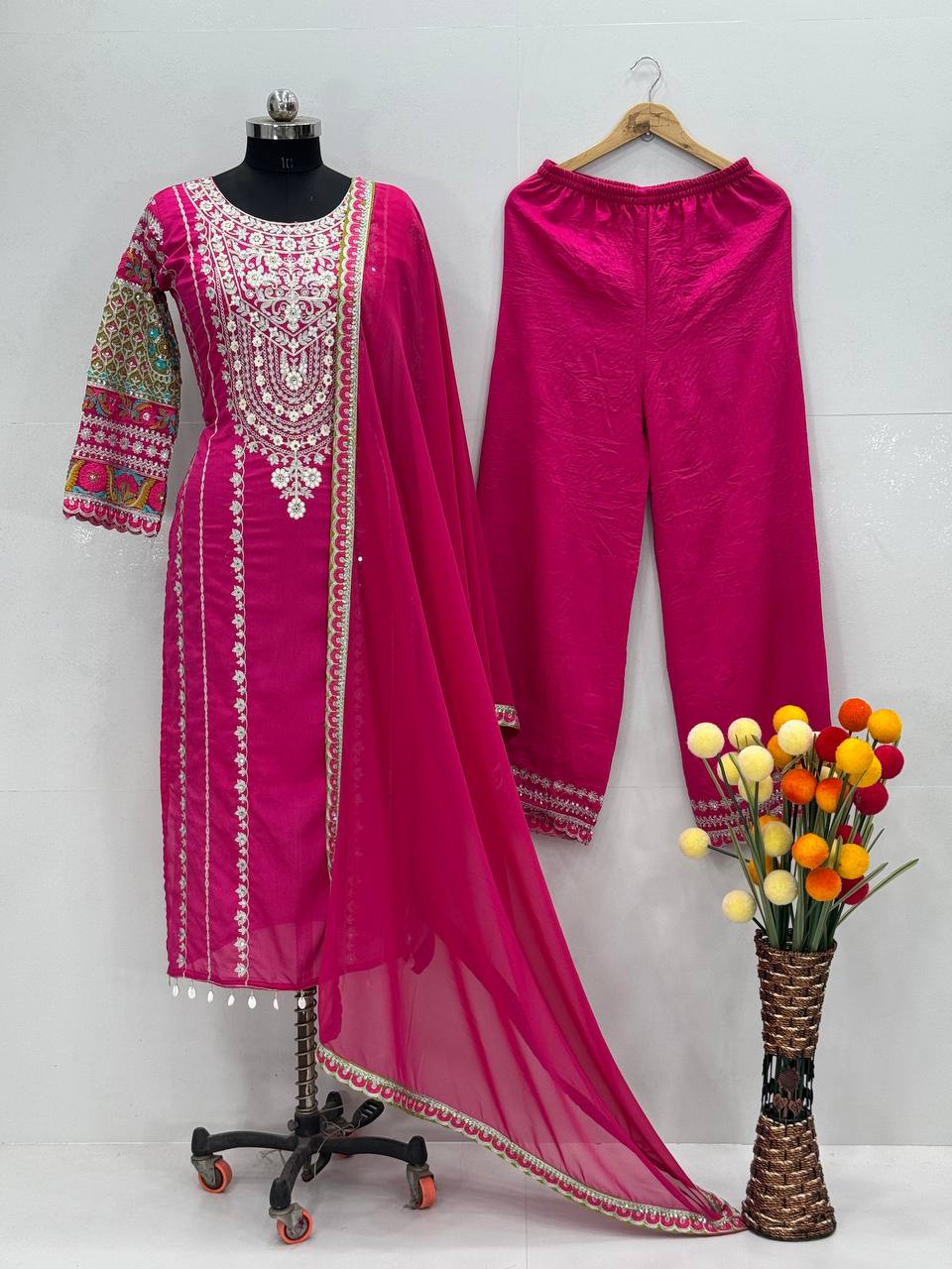 Embellished Pink Color Heavy Vichitra Silk Embroidery Sequences With Real Mirror Work Palazzo Suit