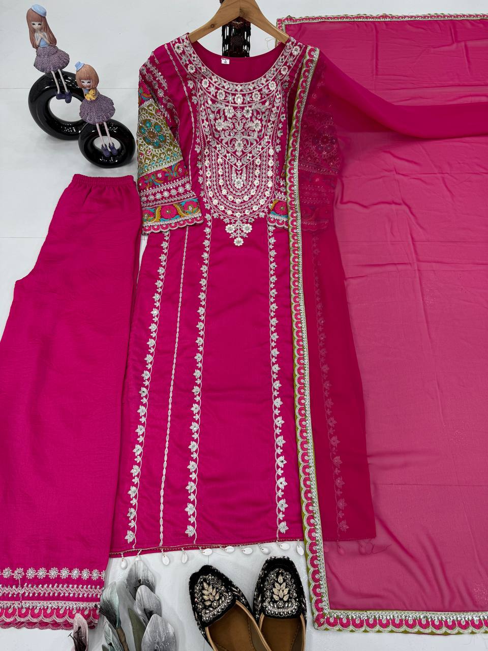 Embellished Pink Color Heavy Vichitra Silk Embroidery Sequences With Real Mirror Work Palazzo Suit