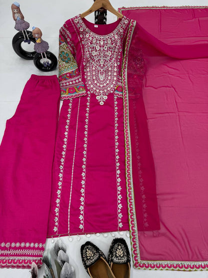Embellished Pink Color Heavy Vichitra Silk Embroidery Sequences With Real Mirror Work Palazzo Suit