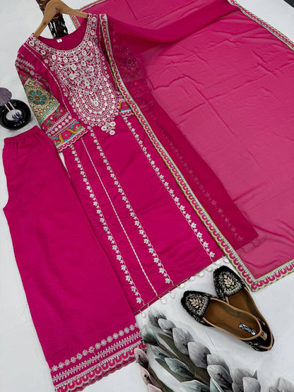 Embellished Pink Color Heavy Vichitra Silk Embroidery Sequences With Real Mirror Work Palazzo Suit