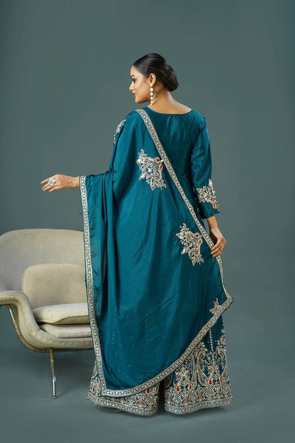 Admiring Teal Green Color Pure Chinon Silk With Heavy Embroidery Coding Dori Sequence Work Palazzo Suit