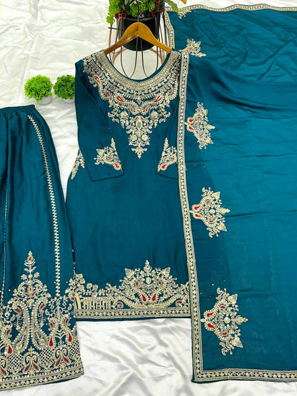 Admiring Teal Green Color Pure Chinon Silk With Heavy Embroidery Coding Dori Sequence Work Palazzo Suit