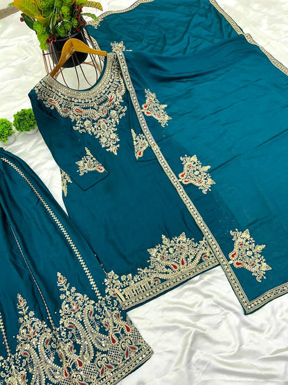 Admiring Teal Green Color Pure Chinon Silk With Heavy Embroidery Coding Dori Sequence Work Palazzo Suit
