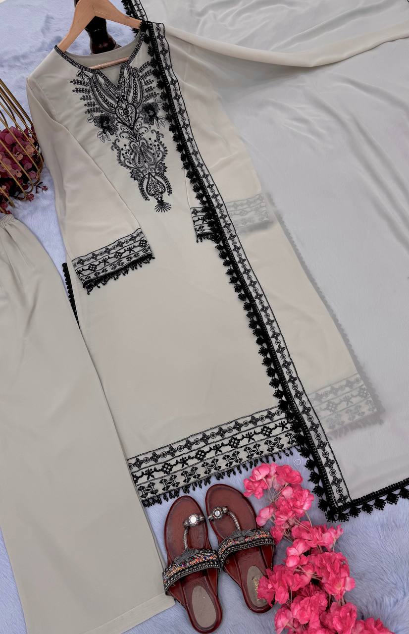 Ceremony Wear Off White Color Heavy Faux Georgette With Embroidery Work Salwar Suit