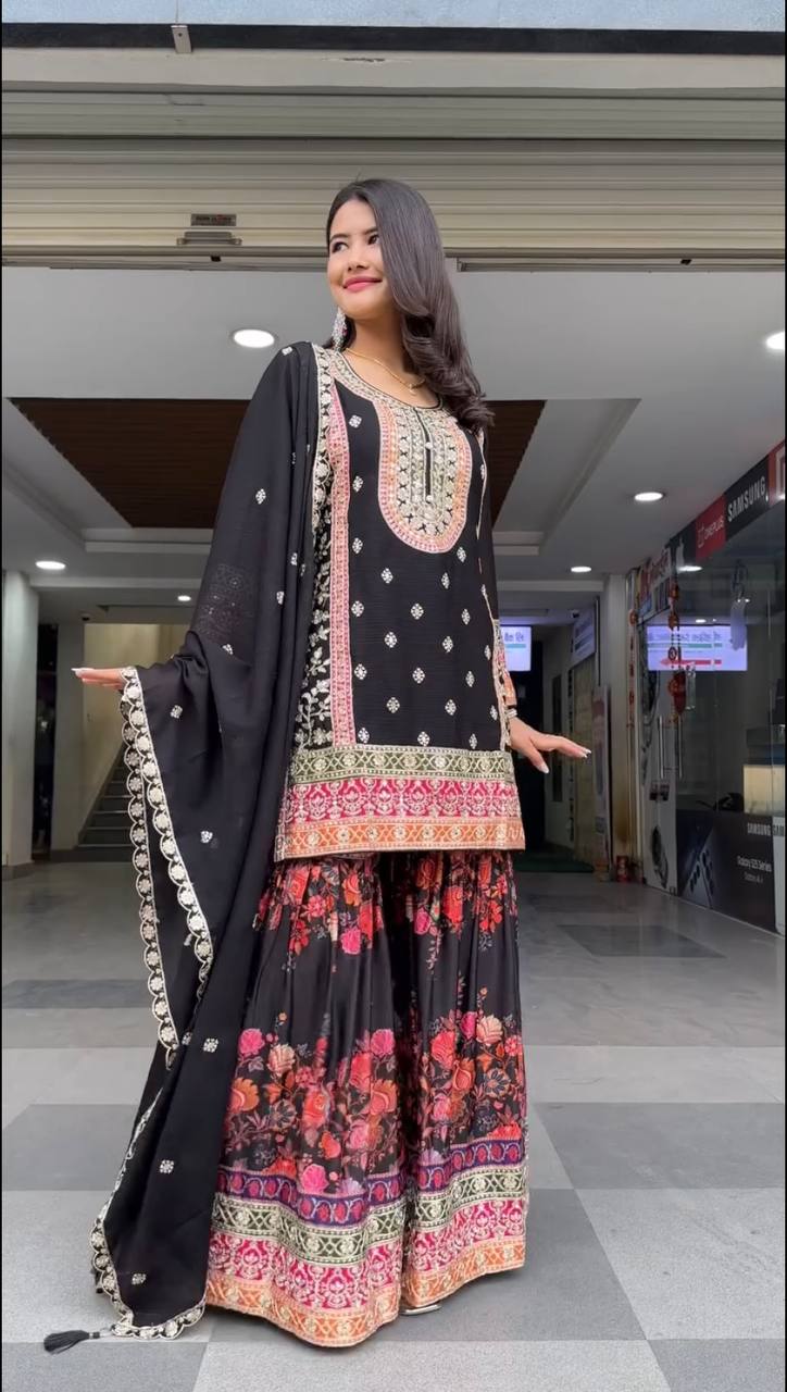 Exclusive Black Color Heavy Fuax Georgette Embroidery Sequences Work Palazzo Suit