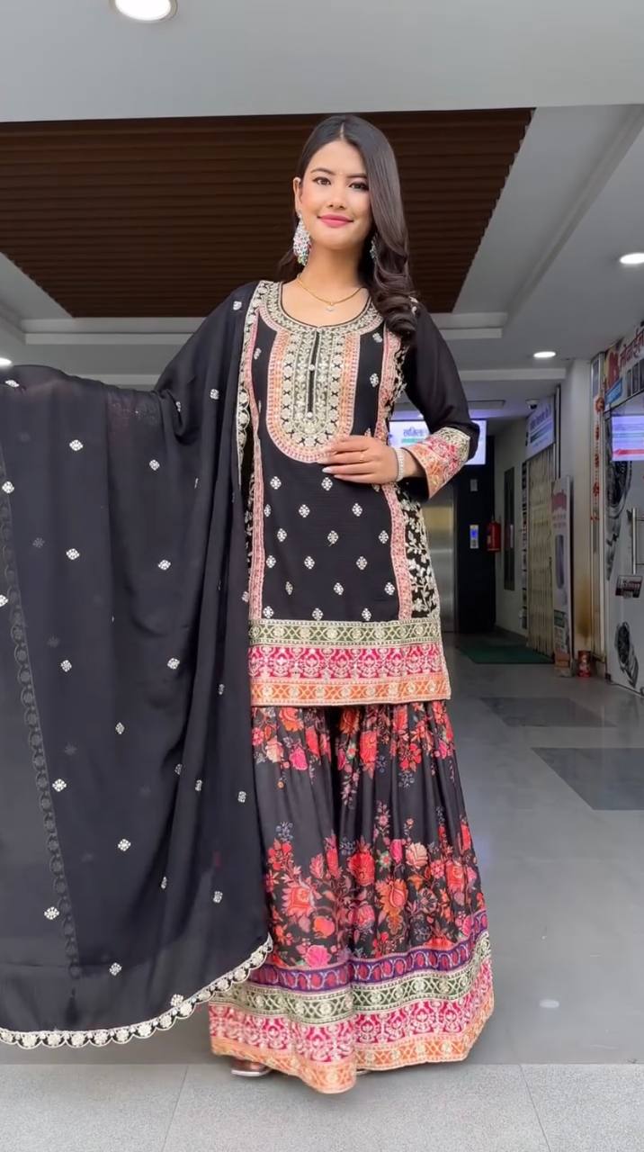 Exclusive Black Color Heavy Fuax Georgette Embroidery Sequences Work Palazzo Suit