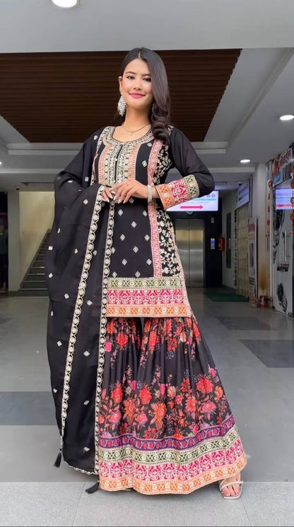 Exclusive Black Color Heavy Fuax Georgette Embroidery Sequences Work Palazzo Suit