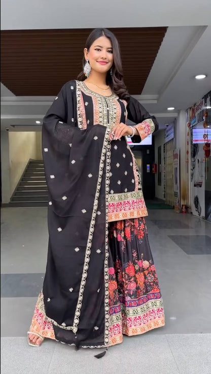Exclusive Black Color Heavy Fuax Georgette Embroidery Sequences Work Palazzo Suit