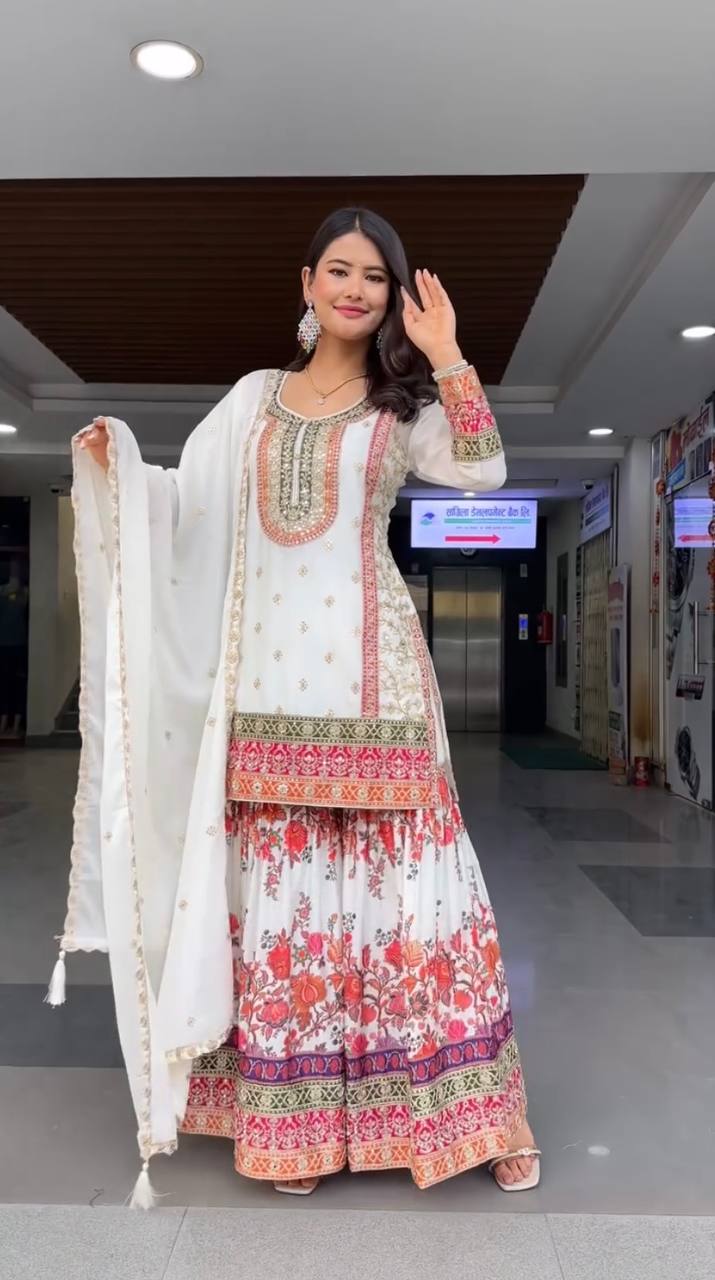 Exclusive White Color Heavy Fuax Georgette Embroidery Sequences Work Palazzo Suit