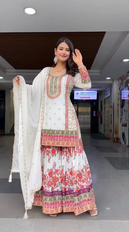 Exclusive White Color Heavy Fuax Georgette Embroidery Sequences Work Palazzo Suit