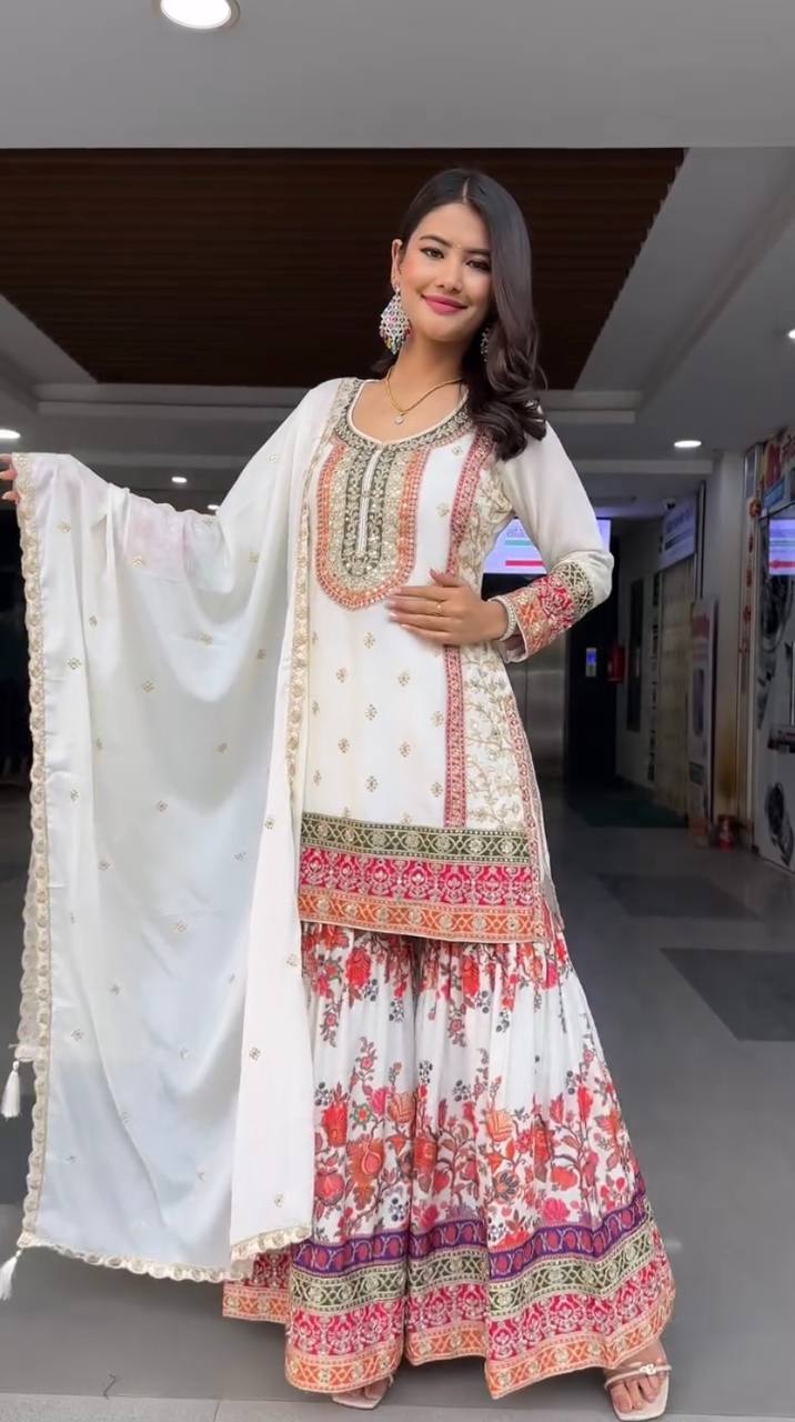 Exclusive White Color Heavy Fuax Georgette Embroidery Sequences Work Palazzo Suit