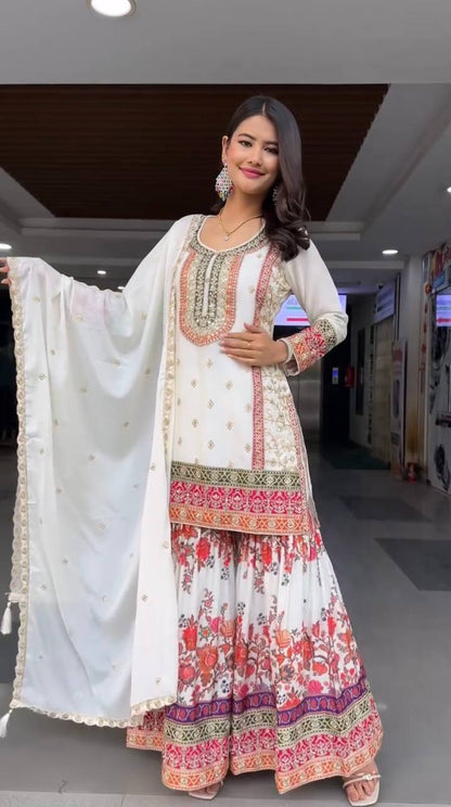 Exclusive White Color Heavy Fuax Georgette Embroidery Sequences Work Palazzo Suit