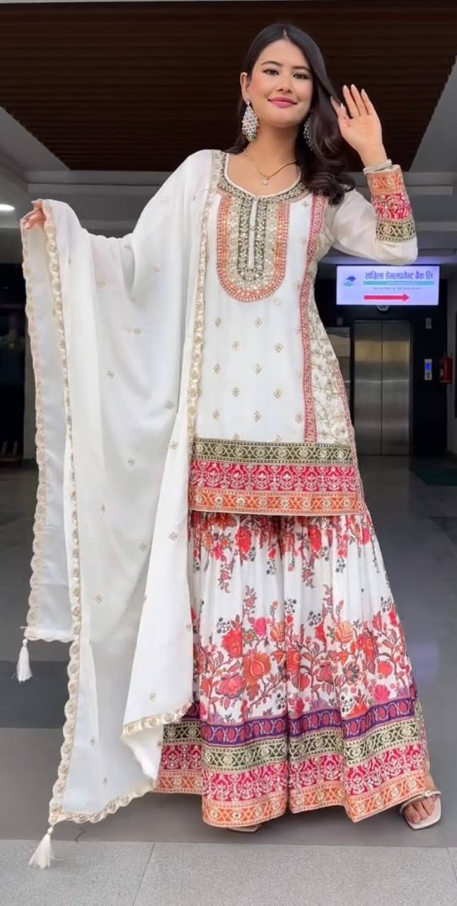 Exclusive White Color Heavy Fuax Georgette Embroidery Sequences Work Palazzo Suit
